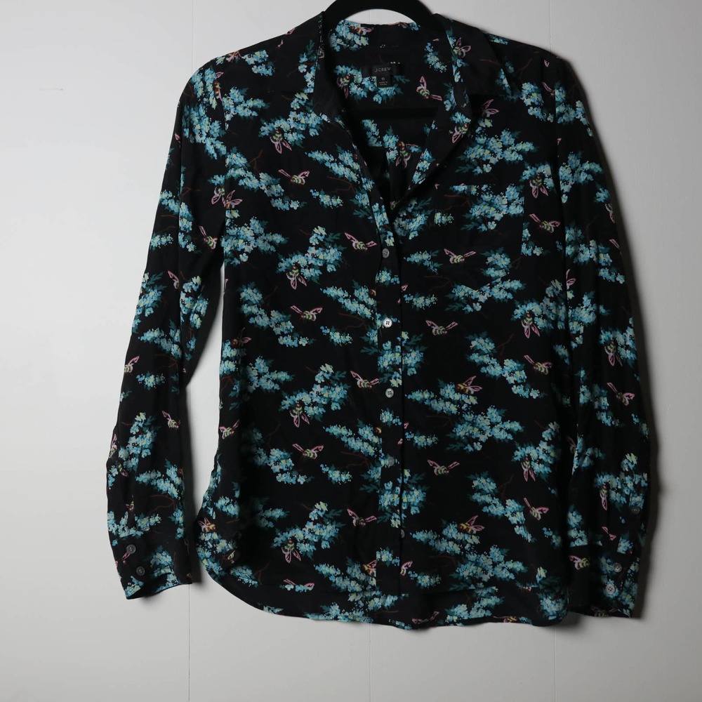 J. Crew Black Blue Floral Alice in Wonderland Bumblebee Aesthetic Silk Button-up
